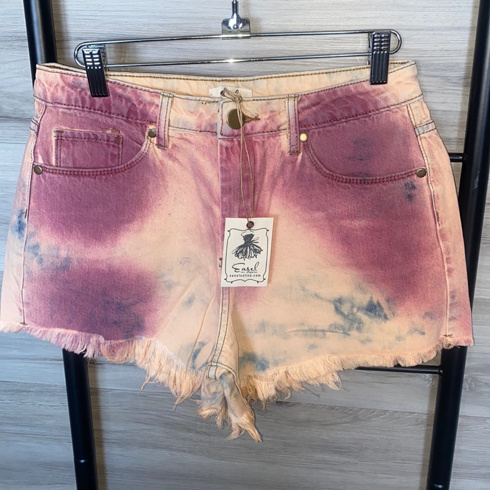 NWT-Women's Tie Dye Denim Fringe Shorts, Rose